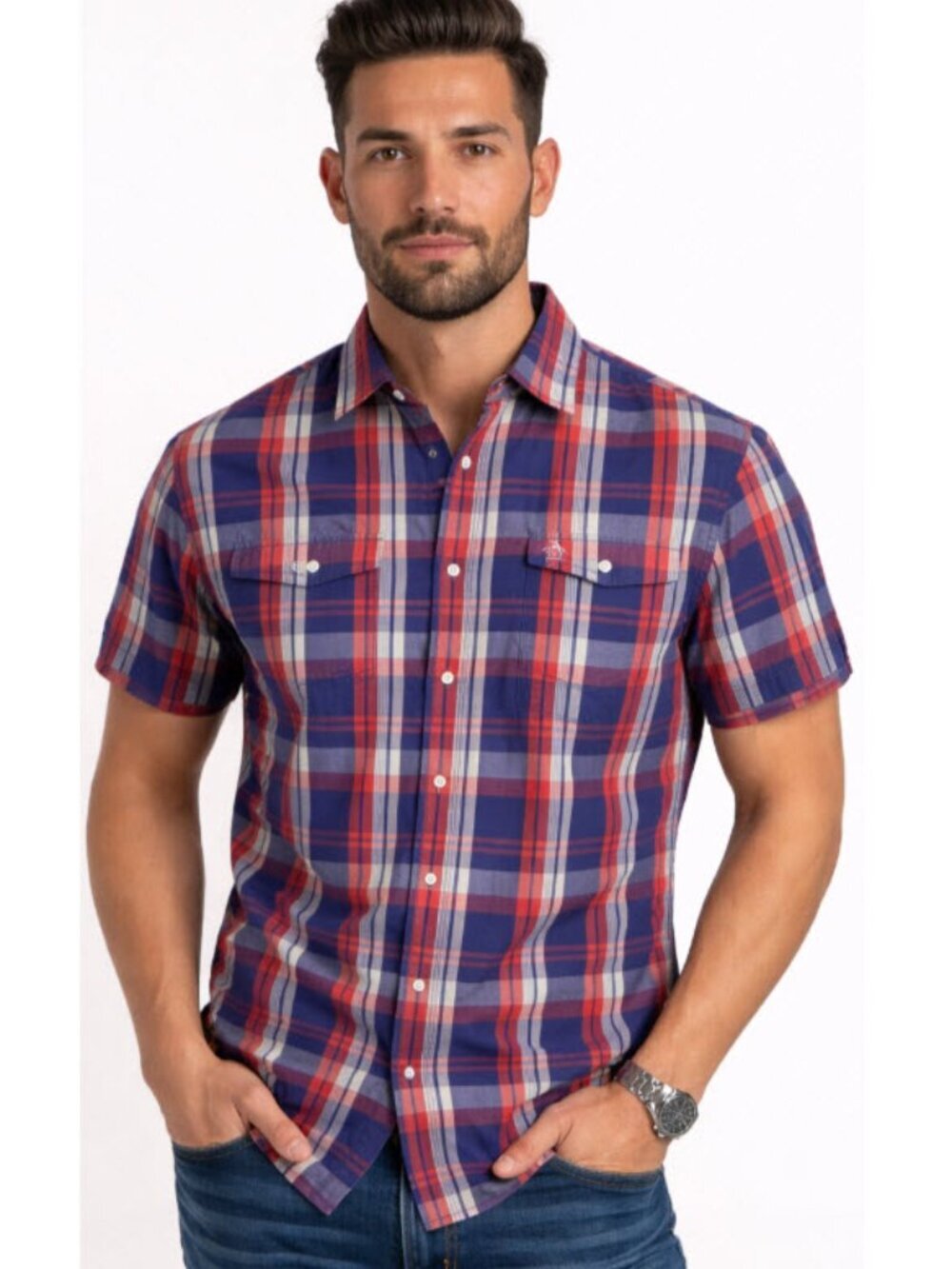 Original Penguin Blue Red Plaid Short Sleeve Classic Fit Button Up Shirt Large‌‌